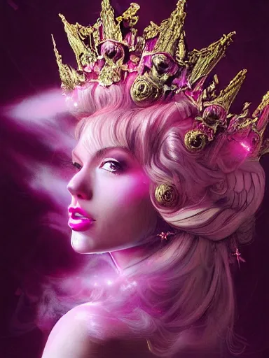 Prompt: pink portrait of beautiful female angel queen Taylor Swift head wearing shiny pink crown, subtle purple accents, hyper details, black metal rococo, sculpted by Alex Alice, Craig Mullins, yoji shinkawa, trending on artstation, beautifully lit, Peter mohrbacher, hyper detailed, insane details, intricate, elite, elegant, luxury, ray of light through smoke, CGsociety, hypermaximalist, blackpink, golden ratio, volumetric, octane render, weta digital, micro details, 3d sculpture