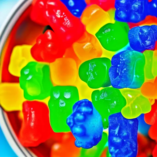 Image similar to macro image of a bowl full of gummy bears, realistic, glistening, slightly sprayed with water.