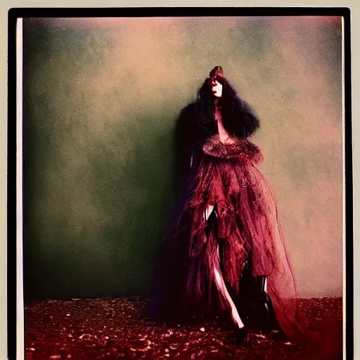 Prompt: kodak portra 4 0 0, wetplate, photo of a surreal artsy dream scene,, girl, weird fashion, extravagant dress, photographed by paolo roversi style