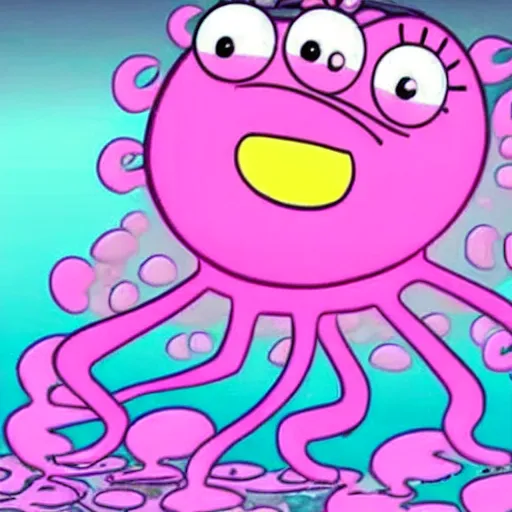 Prompt: pink jellyfish from the cartoon SpongeBob Squarepants hits SpongeBob with a metal sieve