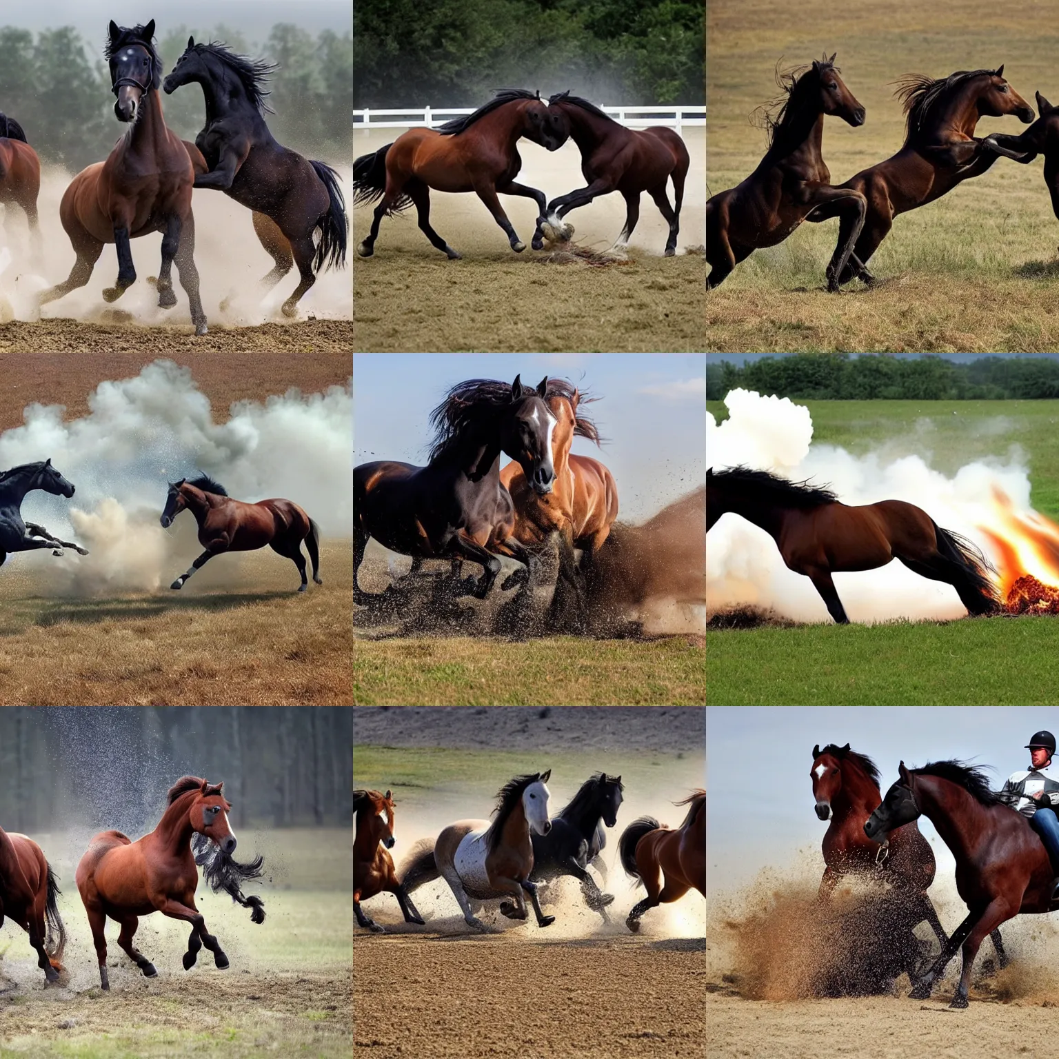 Prompt: horses crashing into each other causing explosion