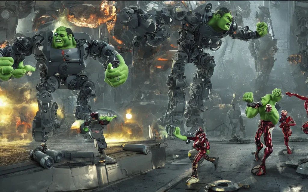 Image similar to spy kids finial battle but the robots are hulk hogan, atmospheric, mist, epic, photorealistic, realistic, rule of thirds, extremely detailed, 4 k, 8 k, unreal engine 5 render, rim lighting, rtx, ray traced lighting, shot on 3 5 mm, film grain, looking through a window frame