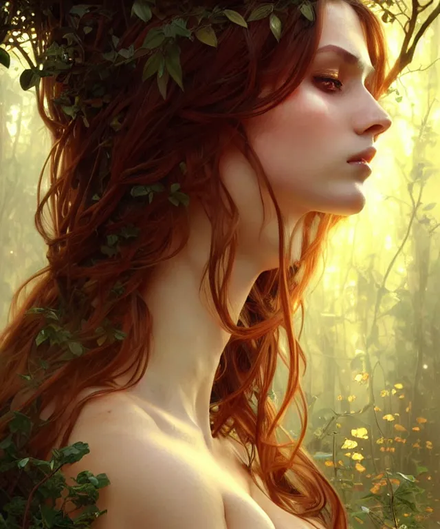 Image similar to Forest nymph woman portrait, amber eyes, face, long hair, fantasy, intricate, elegant, highly detailed, digital painting, artstation, concept art, smooth, sharp focus, illustration, art by artgerm and greg rutkowski and alphonse mucha