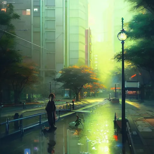 Image similar to evening tokyo walk in tachikawa. volumetric lighting, spring early morning, dew, nice weather, realistic illustration, perfectly shaded, soft painting, art by krenz cushart and wenjun lin