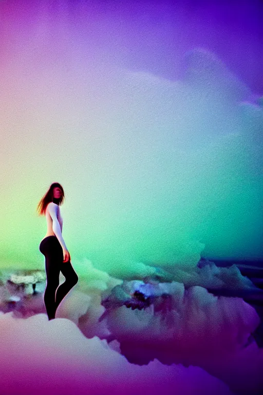 Image similar to high quality pastel coloured film close up wide angle photograph of a model wearing clothing swimming on cloud furniture in a icelandic black rock!! environment in a partially haze filled dreamstate world. three point light, rainbow. photographic production. art directed. pastel colours. volumetric clouds. pastel gradient overlay. waves glitch artefacts. extreme facial clarity. 8 k. filmic.