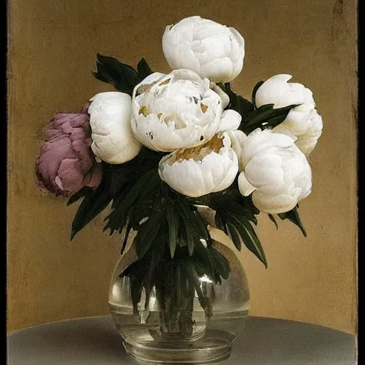 Prompt: atmospheric beautiful bouquet of white delicate peony in the sunny room of his beloved wife, wrote renaissance michelangelo