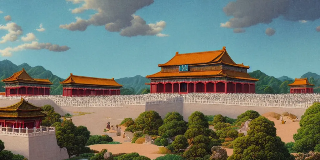 Prompt: forbidden city on the cliff, 4 k, wide - angle lens ， cinematic ， painting by wes anderson and hasui kause and scott listfield maxfield parrish