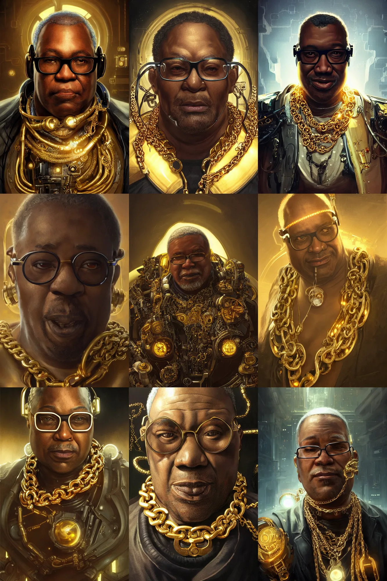 Prompt: Ultra realistic illustration, cyborg fat old black man with glasses golden and golden chains,cyberpunk,sci-fi, fantasy, intricate, elegant, highly detailed, digital painting, artstation, concept art, smooth, sharp focus, illustration, art by artgerm and greg rutkowski and alphonse mucha