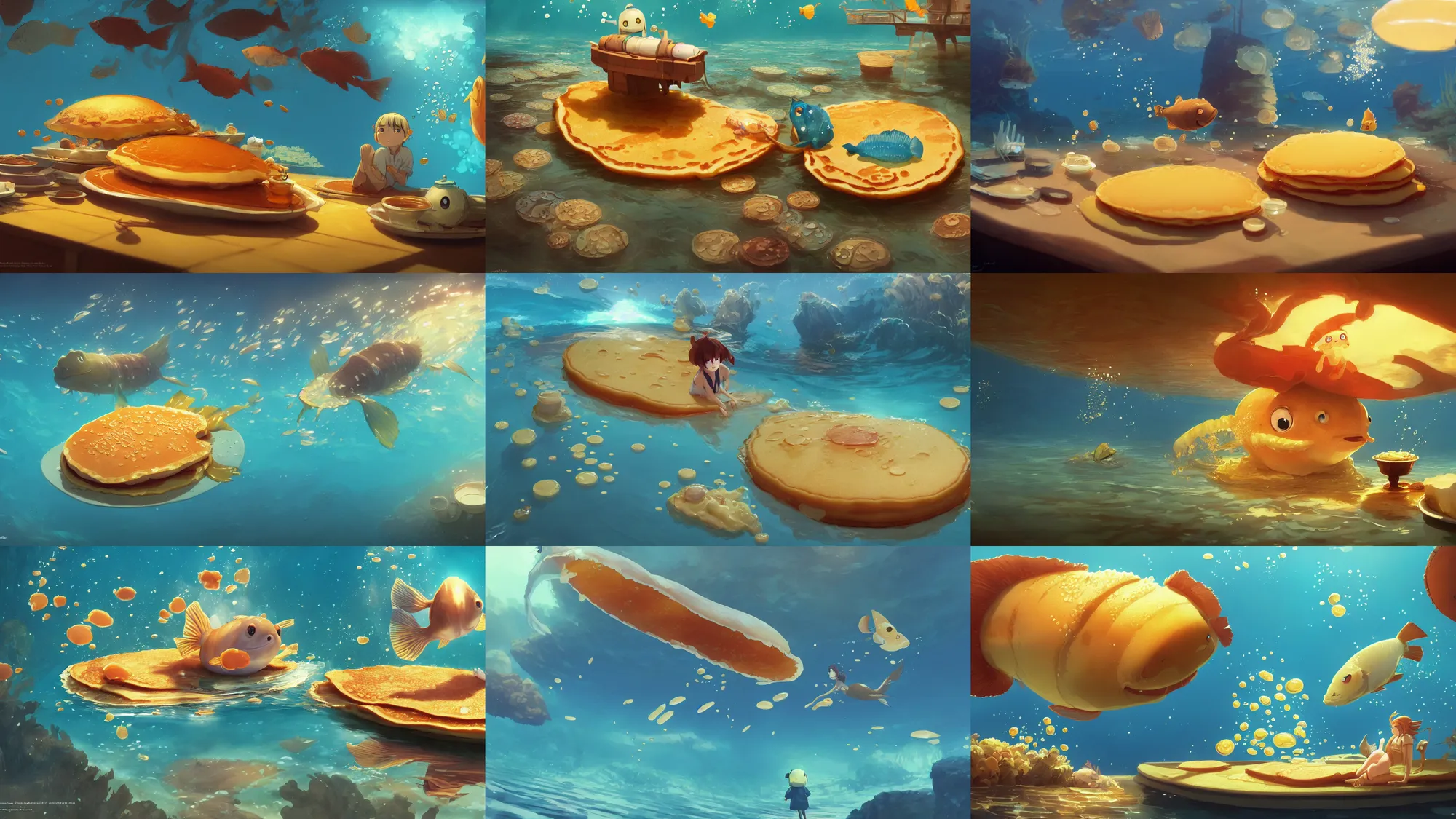 Prompt: digital underwater art of a happy flat pancake fish swimming in syrup, cute, 4 k, fish made of pancake, fantasy food world, living food adorable pancake, brown atmospheric lighting, by makoto shinkai, studio ghibli, greg rutkowski, ross tran