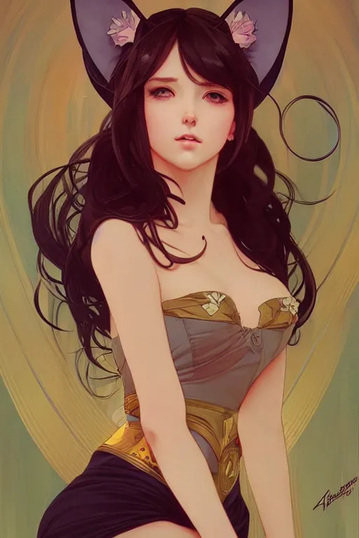 Image similar to A beautiful woman with cat ears, highly detailed, digital painting, artstation, concept art, smooth, sharp focus, illustration, art by artgerm and alphonse mucha, high definition digital art, in the style of Ross tran and ilya kuvshinov