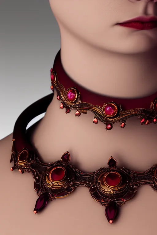 Image similar to historical, art nouveau, deep red gemstone choker, glowing inside, octane render, realistic, dramatic light, 3 d, photograph 4 k,