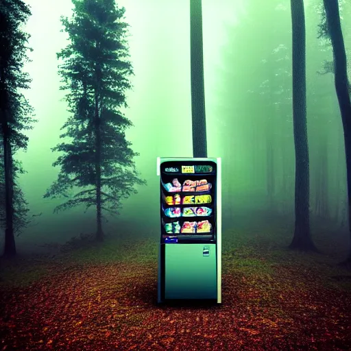 Image similar to dreamlike visage of a vending machine alone in a forest knoll, mystical, unusual, serene, foggy, dawn lighting, dew, mountain forest, hyperdetailed