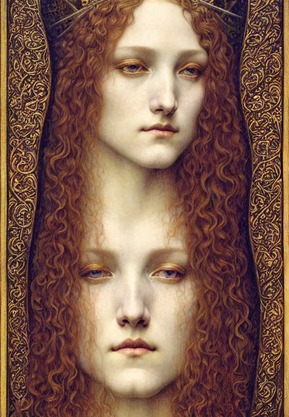 Image similar to detailed realistic beautiful young medieval queen face portrait by jean delville, gustave dore and marco mazzoni, art nouveau, symbolist, visionary, gothic, pre - raphaelite. horizontal symmetry