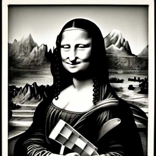 Image similar to Mona Lisa holding a chess piece, 35mm film, monochrome icon by Irving Penn