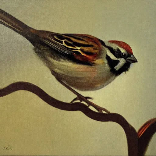 Image similar to an oil paiting of a sparrow perched on a chair, highly detailed, oleo, artstation, sharp focus, by diego velazquez