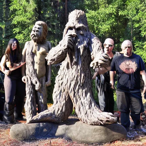 Image similar to group of occultist worshipping a bigfoot statue