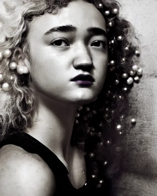 Prompt: julia garner, black hair, beauty, half body portrait, greg kutkowski, sharp details, soft lighting, subsurface scattering, pearls of sweat, glistening skin, warm lighting