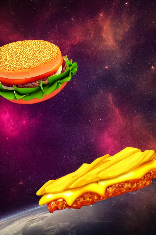 Prompt: a cheeseburger floating apart in space. nebula background. highly detailed. 3 d rendered, beautiful lighting, 8 k