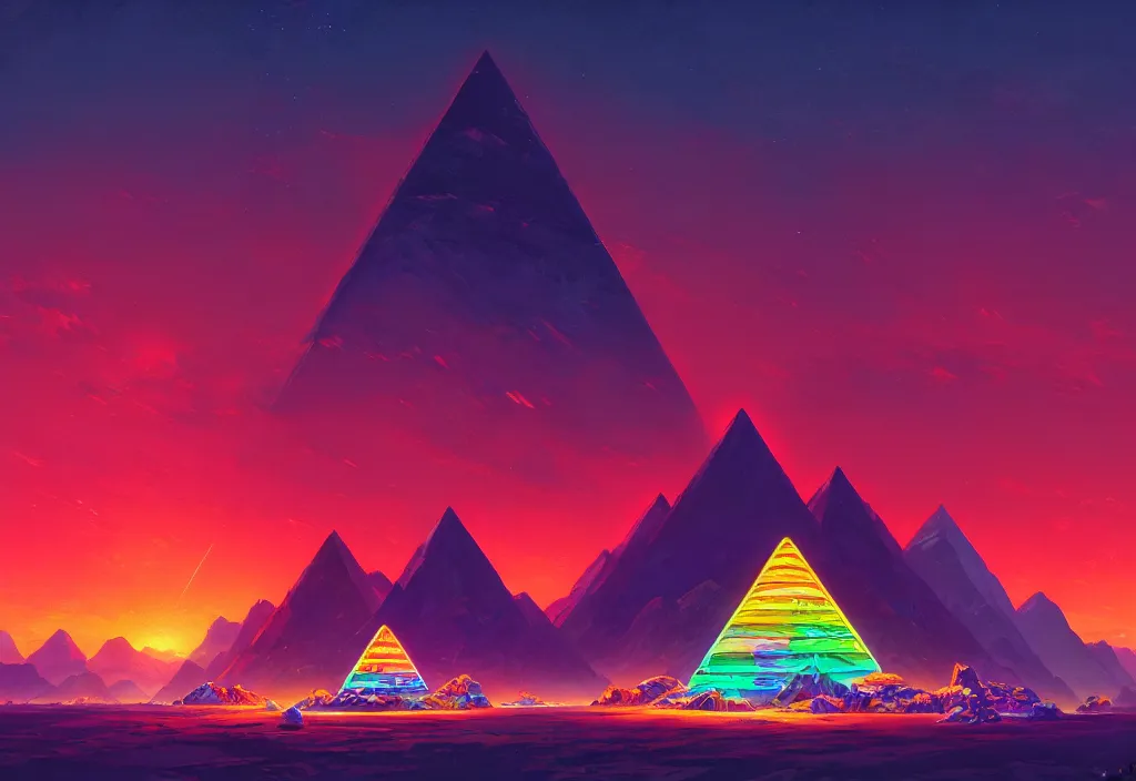 Prompt: a small futuristic pyramid with neons at dawn with rock piles in the background, intricate oil painting, high detail illustration, sharp high detail, manga and anime 1 9 9 9, official fanart behance hd artstation by jesper ejsing and makoto shinkai, 4 k,