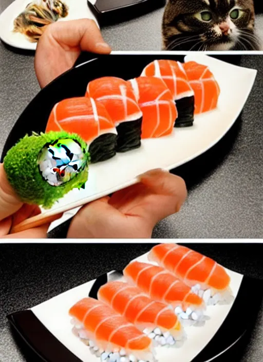 Image similar to clear photorealistic picture of adorable cats made out of sushi