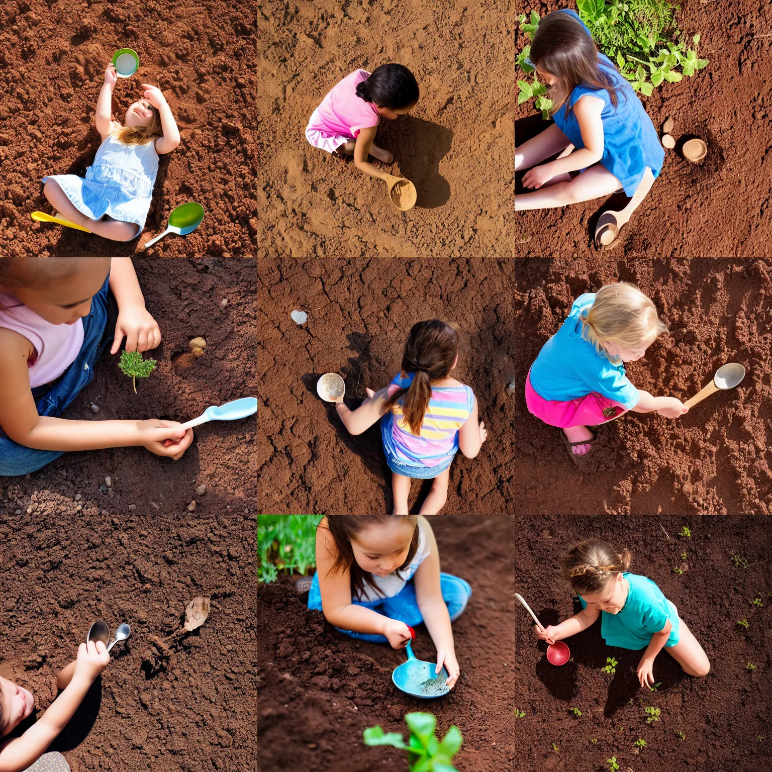 Prompt: girl playing with a spoon in the dirt under a tree in the sun, view from above, 8 k, detailed