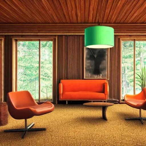 Prompt: 1 9 7 0 s interior, living room, retro, vintage, architecture, wood panel walls, green shaggy carpet, orange and brown touches, realistic, natural lighting