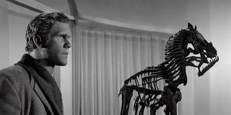 Image similar to photorealistic medium shot cinematography of a steve mcqueen acting in a twilight zone episode about a photoreal h. r. giger designed horse skeleton sculpture with glowing red eyes shot on film at magic hour with the sun shining into a large 6 0's hotel lobby room filled with volumetric haze by the shining cinematographer john alcott on a cooke panchro 3 5 mm lens.