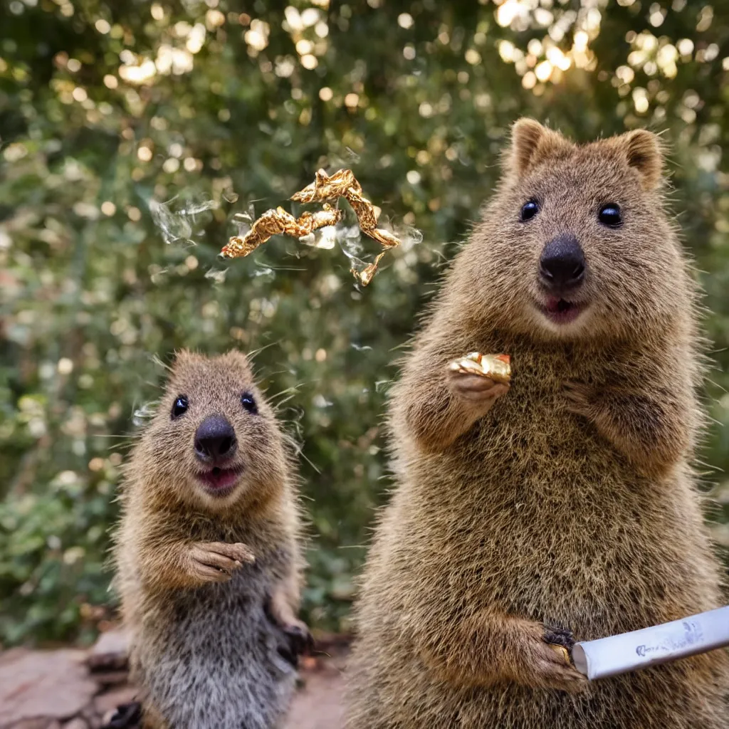 Image similar to happy quokka taking a smoking a joint and eating candy, golden hour, ultra realistic