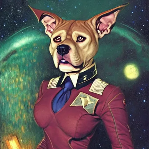 Image similar to a female pitbull dogwoman in starfleet uniform at night in a dark forest. zootopia fursona furaffinity furry art detailed face painting by gaston bussiere craig mullins jc leyendecker gustav klimt artgerm greg rutkowski furry