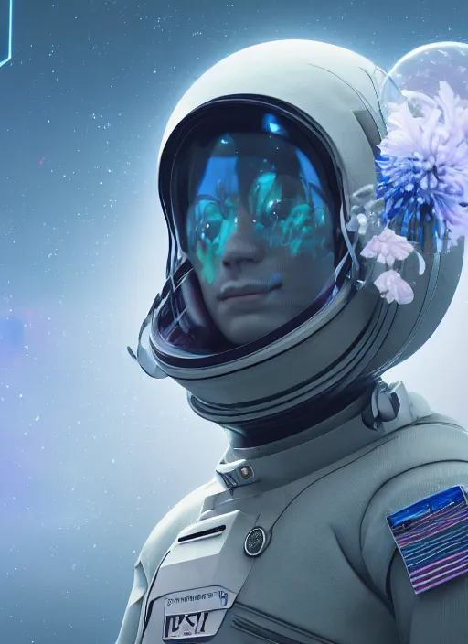 Image similar to a man in a space suit with a flower in his hand, a computer rendering by Mike Winkelmann, trending on cgsociety, retrofuturism, uhd image, rendered in cinema4d, hard surface modeling,