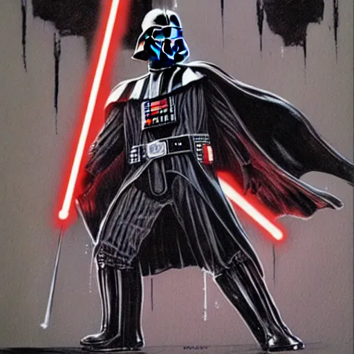 Prompt: Darth Vader in art style by Paul Dini, Travis Charest, Simon Bisley