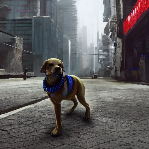 Image similar to a hyperrealistic cyberpunk dog, extreme wide shot