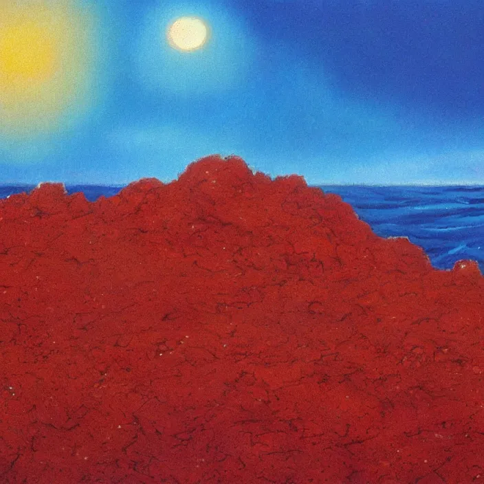 Image similar to a alien planet with a red ocean and blue sand and rocks at sunrise, bob ross painting, high coherence, highly detailed, high quality, masterpiece, award - winner, hyperrealistic