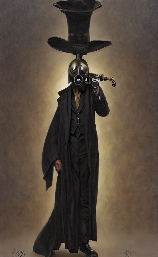 Image similar to portrait of man in black trench coat, holding an alto saxophone and wearing steam punk plague doctor mask and a black top hat, highly detailed, artstation, concept art, by krenz cushart and donato giancola and william adolph bouguereau and alphonse mucha,