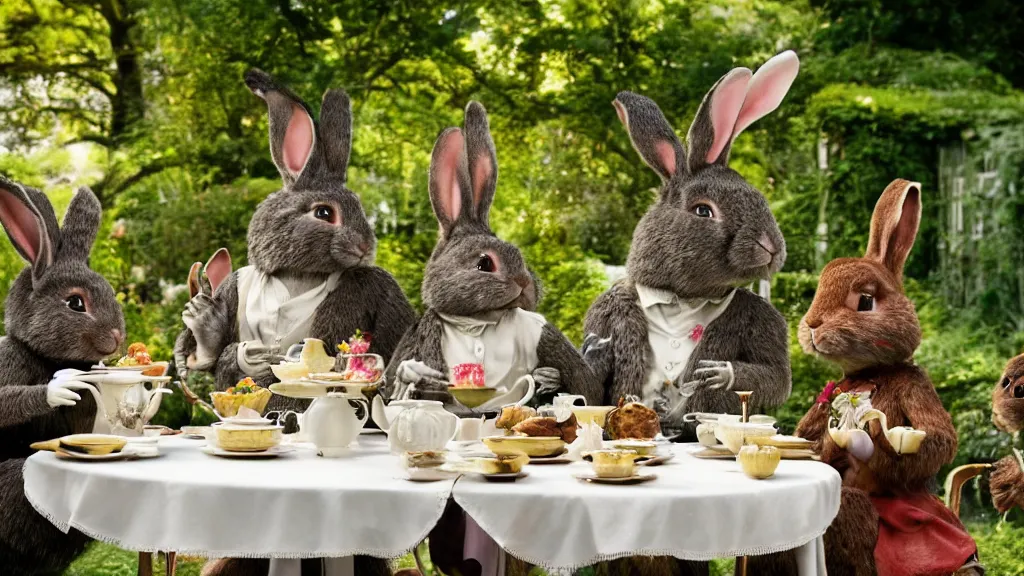 Prompt: film still from the movie chappie outdoor park plants garden scene bokeh depth of field several figures sitting down at a table having a delicious grand victorian tea party crumpets furry anthro anthropomorphic stylized rabbit bunny big chungus