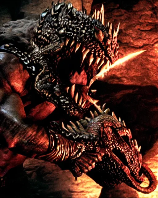 Prompt: closeup Photo of Conan the Barbarian punching a dragon in a dark souls dungeon, rim lighting, octane, Frank frazetta, Edgar Rice Burroughs,