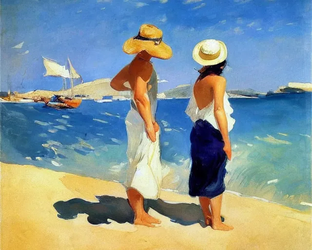 Image similar to a couple and a girl toddler on a beach in sardinia looking at a sailing boat, the man is wearing a panama hat, the woman has long dark hair, white sand, blue sky, summer, white and blue, painting by joaquin sorolla