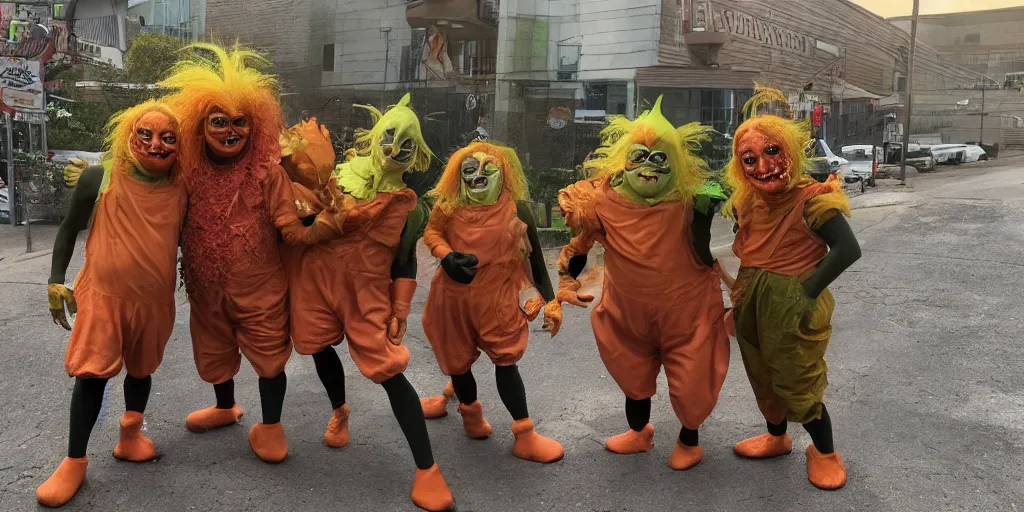 Image similar to photo of oompa loompas, creepy!!!, scaly!!!, gritty!!!, menacing!!!, evil, ultra realistic, gritty, outside of chocolate factory, golden hour, volumetric lighting, sharp focus