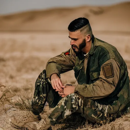 Image similar to portrait of a man wearing camuflage, army clothing, he ‘ s sitting in the desert eating some delicious crayons, beautiful composition, 5 0 mm f 1. 8, ambient light