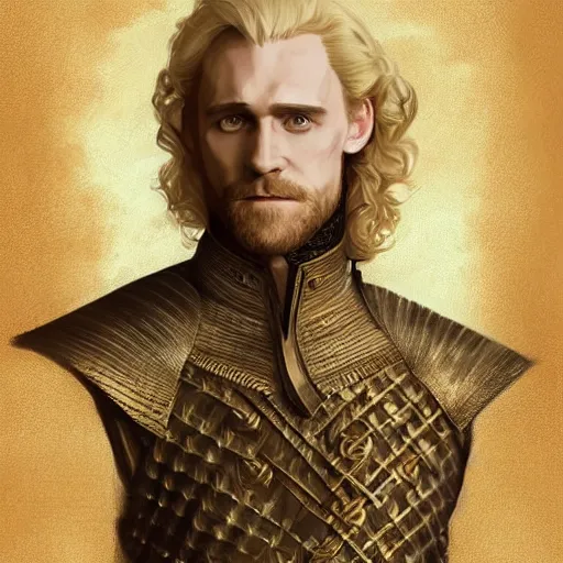 Image similar to blonde medieval nobleman, tom hiddleston, D&D, doublet, painted fantasy character portrait, highly detailed, digital painting, artstation, concept art, sharp focus, illustration, art by artgerm and greg rutkowski and alphonse mucha