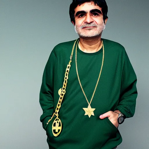 Prompt: jafar panahi wearing a green tracksuit and gold necklace with large star shaped gold medallion