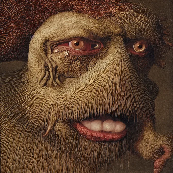 Image similar to close up portrait of a mutant monster creature with crystal eyes, small open pinky lips, fractal long eyelashes, cloth, needles. jan van eyck, walton ford