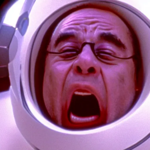 Image similar to A still of Danny Devito screaming in 2001: A Space Odyssey