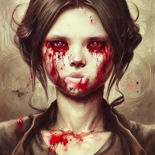 Image similar to portrait painting of a bloodied hello kitty serial killer, ultra realistic, concept art, intricate details, eerie, highly detailed, photorealistic, octane render, 8 k, unreal engine. art by artgerm and greg rutkowski and alphonse mucha