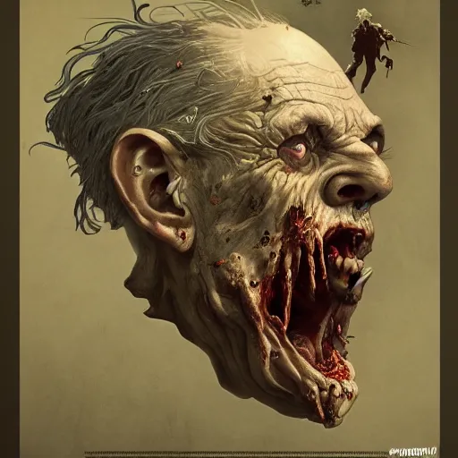 Image similar to elderly zombie man screaming, intricate, art by artgerm and greg rutkowski and alphonse mucha and william - adolphe bouguereau, high detailed, 4 k,