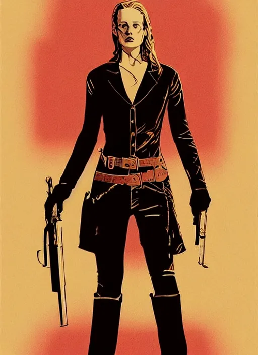 Prompt: a Outlaw Josey Wales poster of Evan Rachel Wood as Dolores, in the show Westworld, poster artwork by William Gold, Michael Whelan and Tomer Hanuka, clean