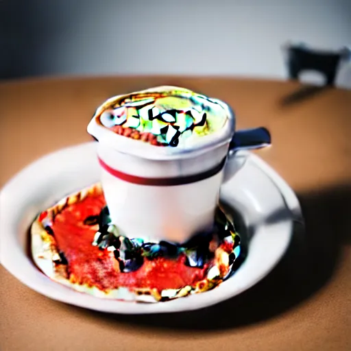 Prompt: dslr food photograph of a coffee cup filled with pizza hawaii and a spoon dipped in it, 8 5 mm f 1. 8