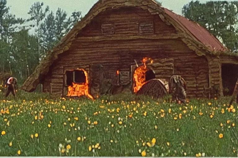 Image similar to vhs 1 9 8 0 s footage of a scene from the movie midsommar a - line shaped wooden building on fire, field of flowers