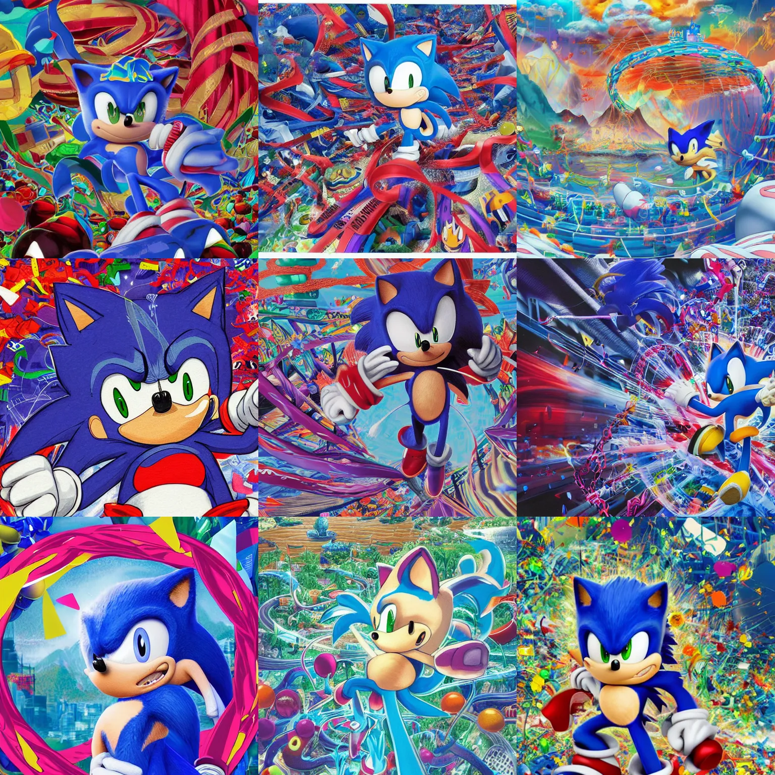 Prompt: closeup portrait of sonic the hedgehog with oceans, river and mountains in the middle of the frame surrounded by colorful ribbons and party confetti , concept art, huge scale, high detail, sci fi by James Jean, 1990s 1992