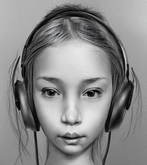 Prompt: young girl wearing headphone listening to amplifier realistic unreal details trending on deviantart artstation drawing painting portrait giger sorayama ito junji frank Miller style